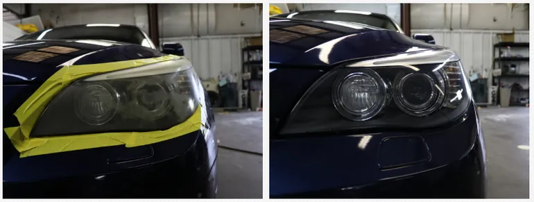 Headlight restoration before and after of car in Stealth Windshield Repair garage.