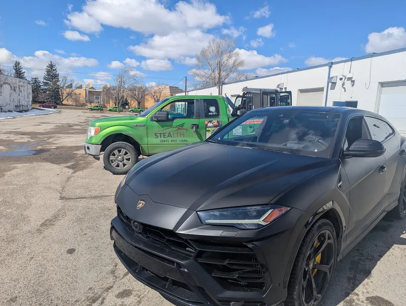 Mobile Windshield chip repair of a Lamborghini Urus by the Stealth crew